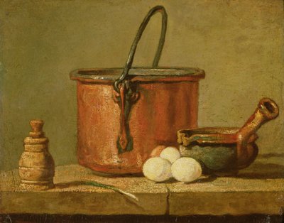 Stillleben mit Kochutensilien, Kessel, Pfanne und Eiern von Jean Baptiste Simeon Chardin